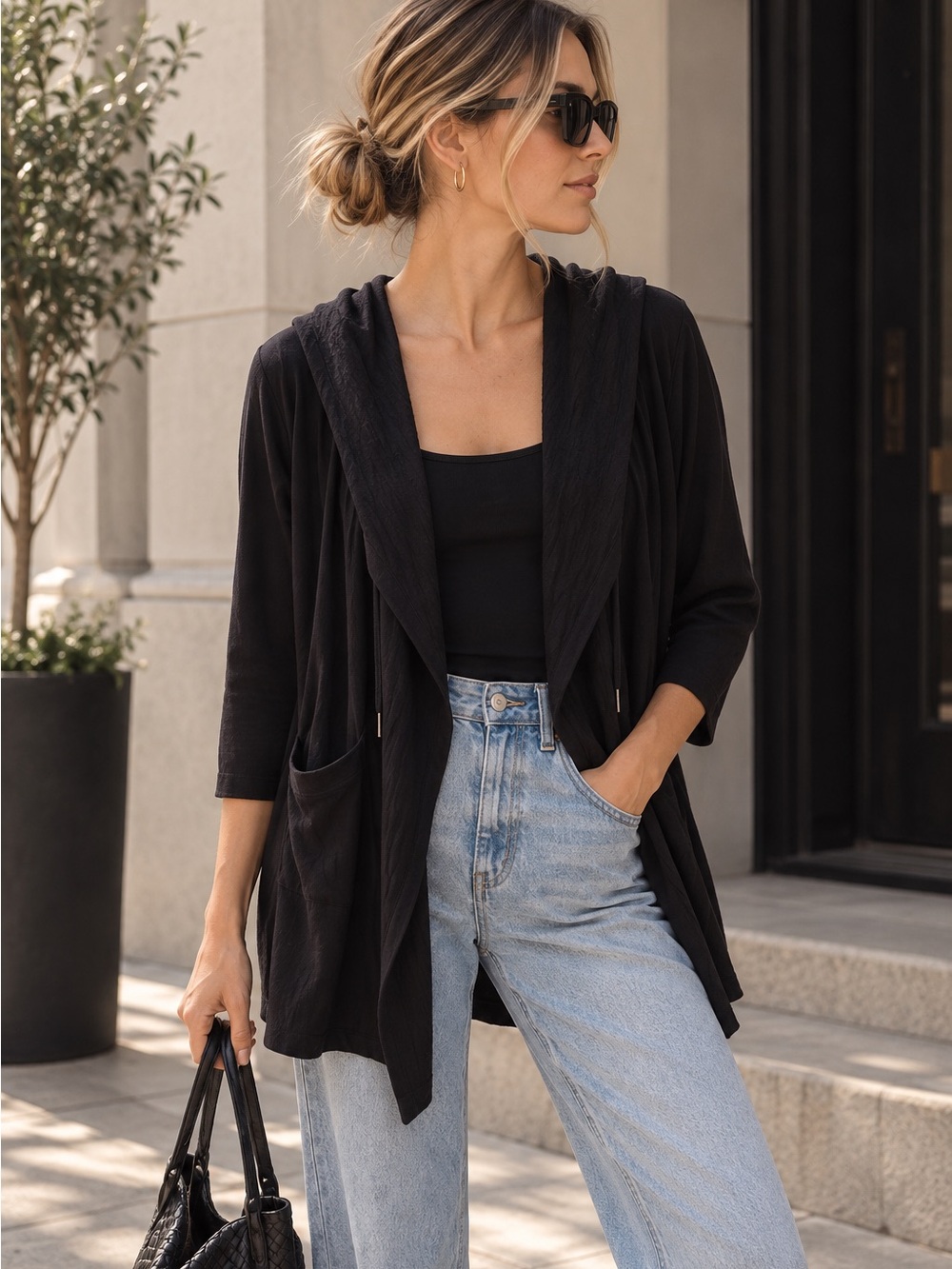 Bobeau Hooded Open Front Cardigan Black XS